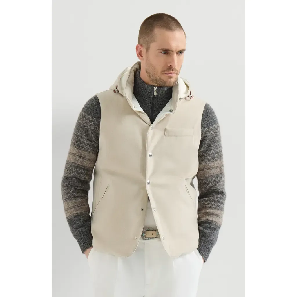 Bonded Wool Flannel Down Vest with Detachable Hood by Brunello Cucinelli