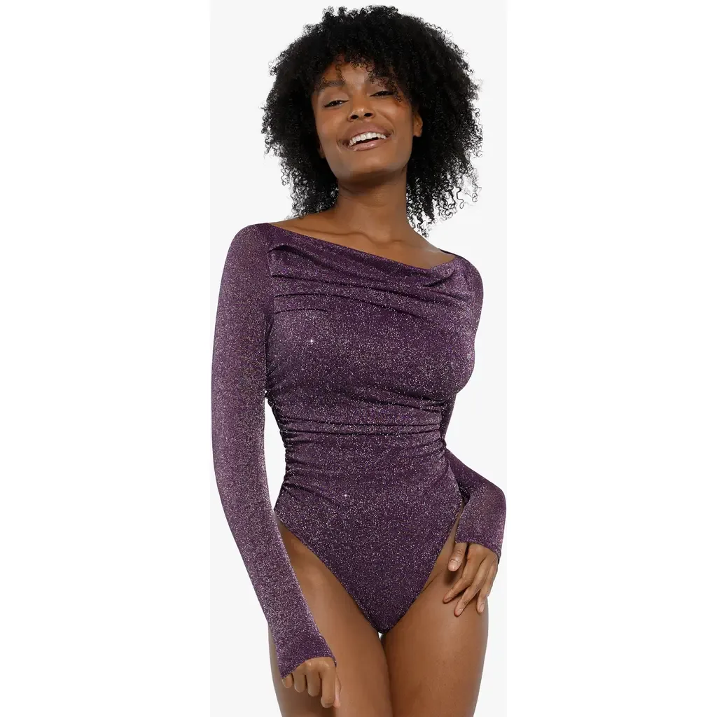Shapewear Metallic Knit Long Sleeve Slimming Bodysuit by Popilush