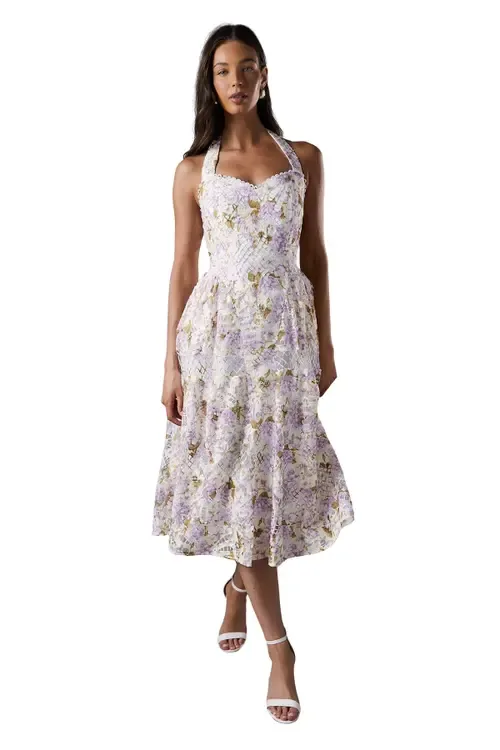 Printed Lace Halter Neck Midi Dress by Coast