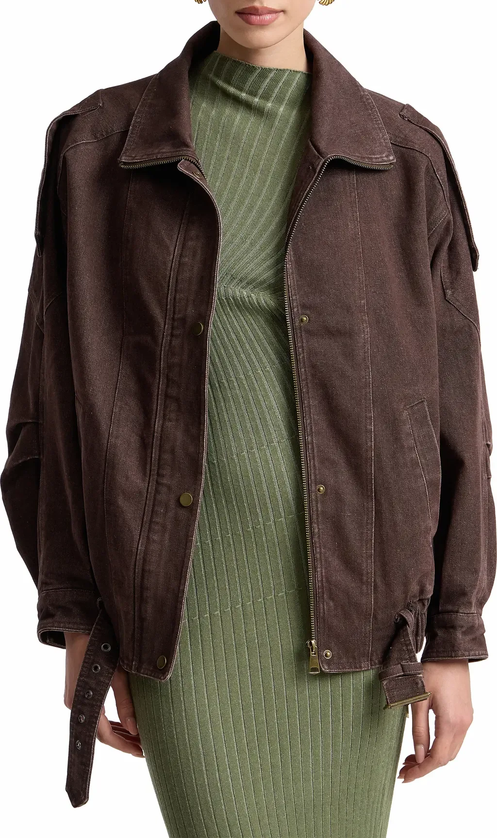 Denim Belted Bomber Jacket