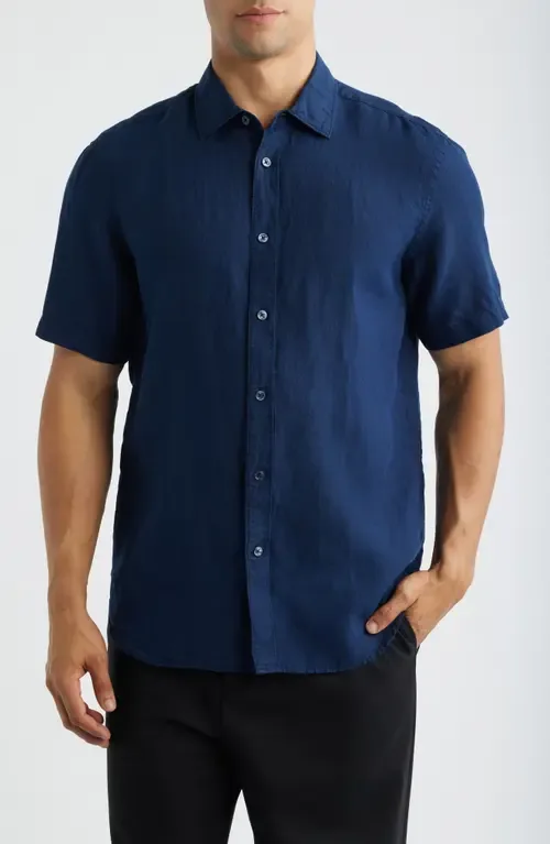 Orson Shaped Fit Short Sleeve Linen Button-Up Shirt by Bugatchi