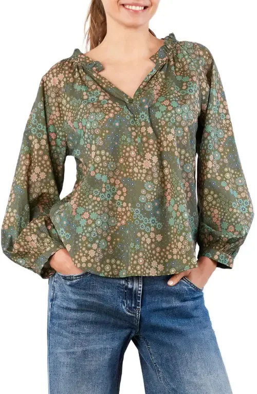 Split Neck Cotton Blend Peasant Top by Billy T