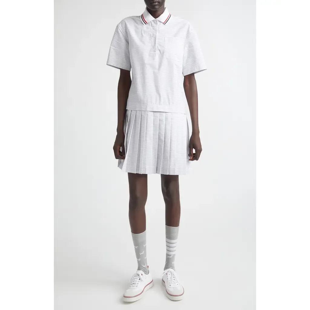 Stripe Pleated Cotton Polo Shirtdress by Thom Browne