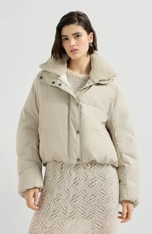 Techno Cotton Taffeta Down Jacket with Detachable Shearling Insert and Monili by Brunello Cucinelli