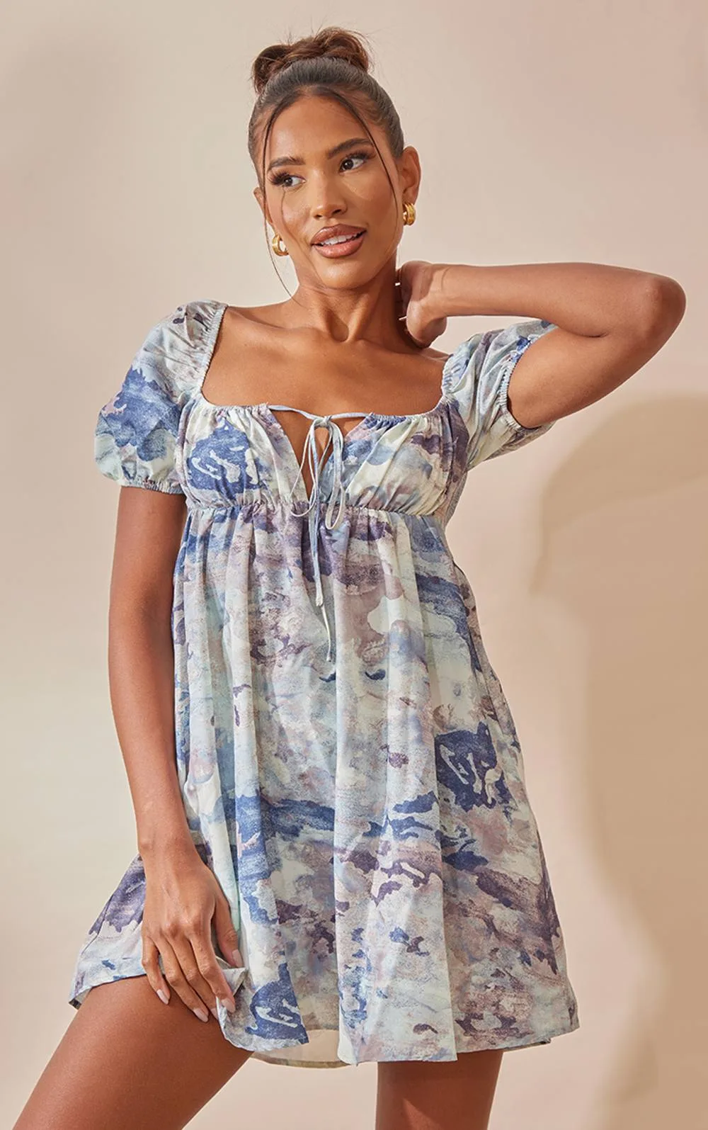 Abstract Print Woven Ruched Bust Shift Dress by PrettyLittleThing