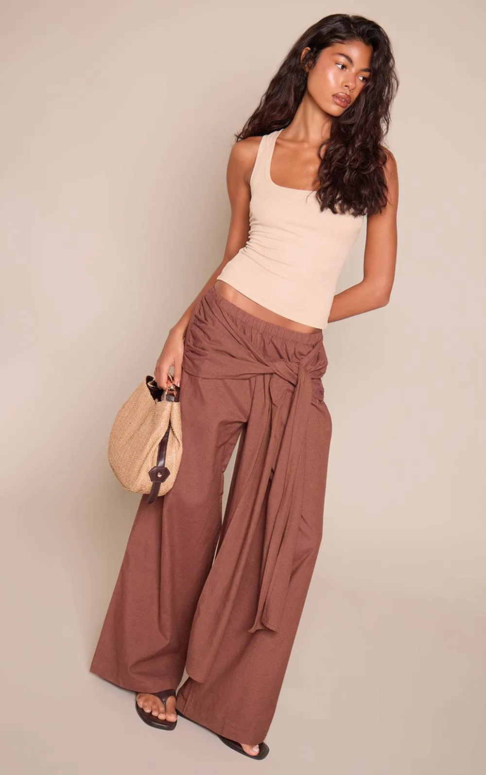 Cotton Linen Blend Wrap Detail Straight Leg Trousers