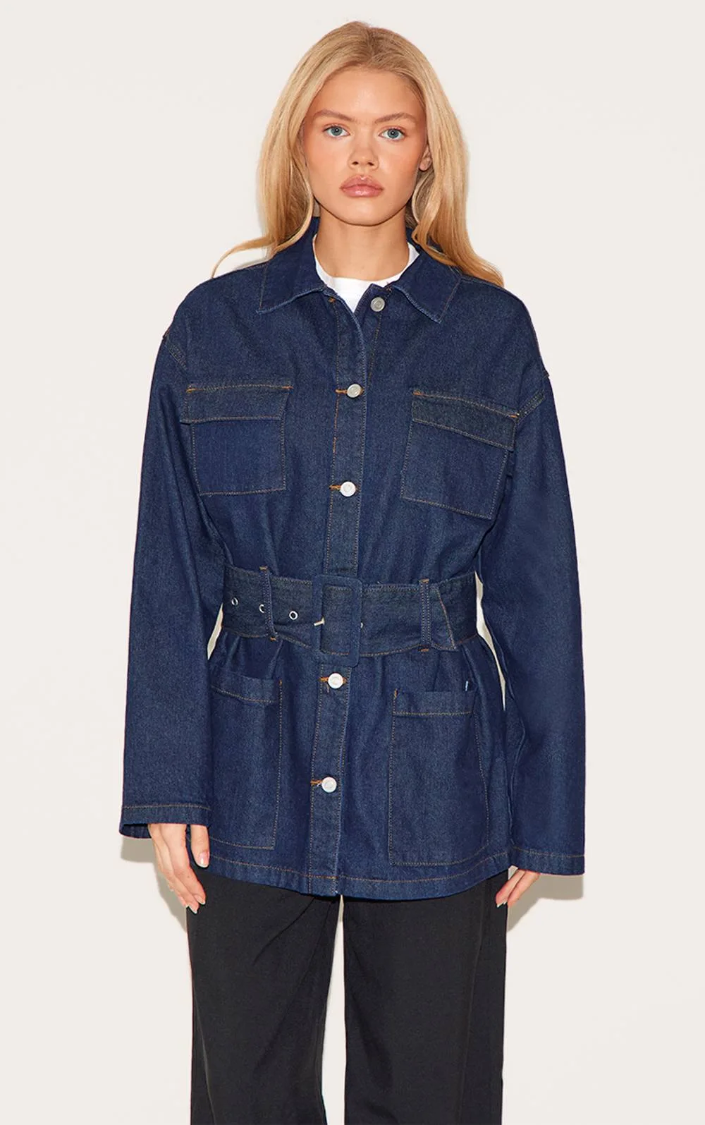 Oversized Belted Denim Jacket by PrettyLittleThing