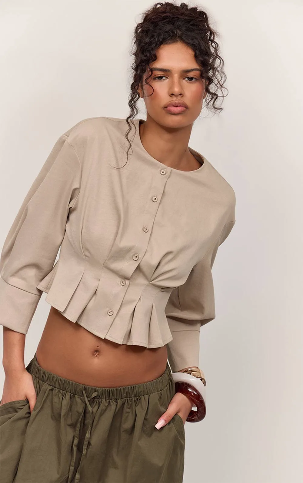 Woven Pleated Cropped Shirt - Stone by PrettyLittleThing
