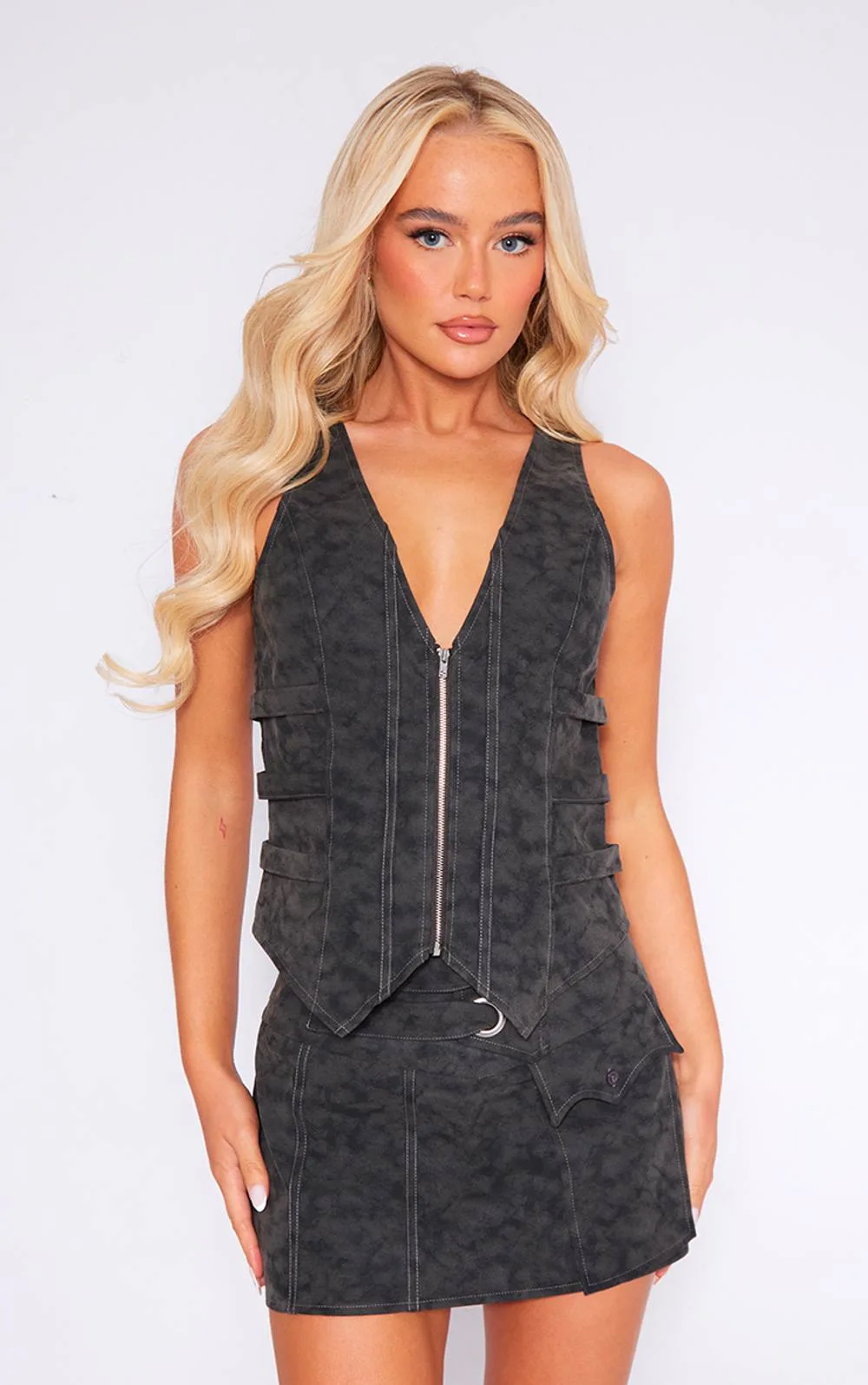 Washed Faux Leather Zip Front Strap Detail Corset Co-Ord by PrettyLittleThing