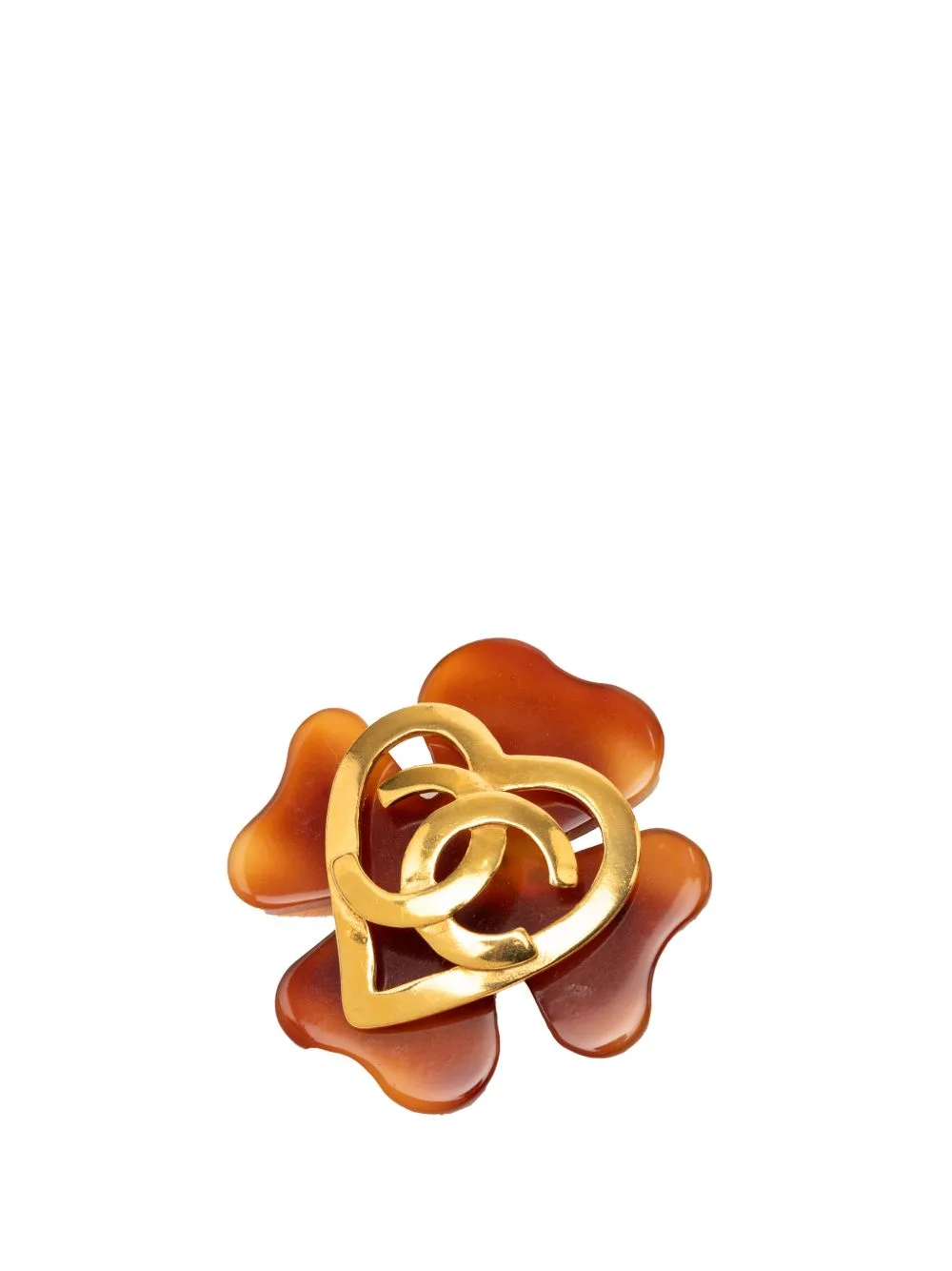 1980-1990 CC Gold Plated and Resin Clover Heart Pin Brooch Costume Brooch by CHANEL Pre-Owned