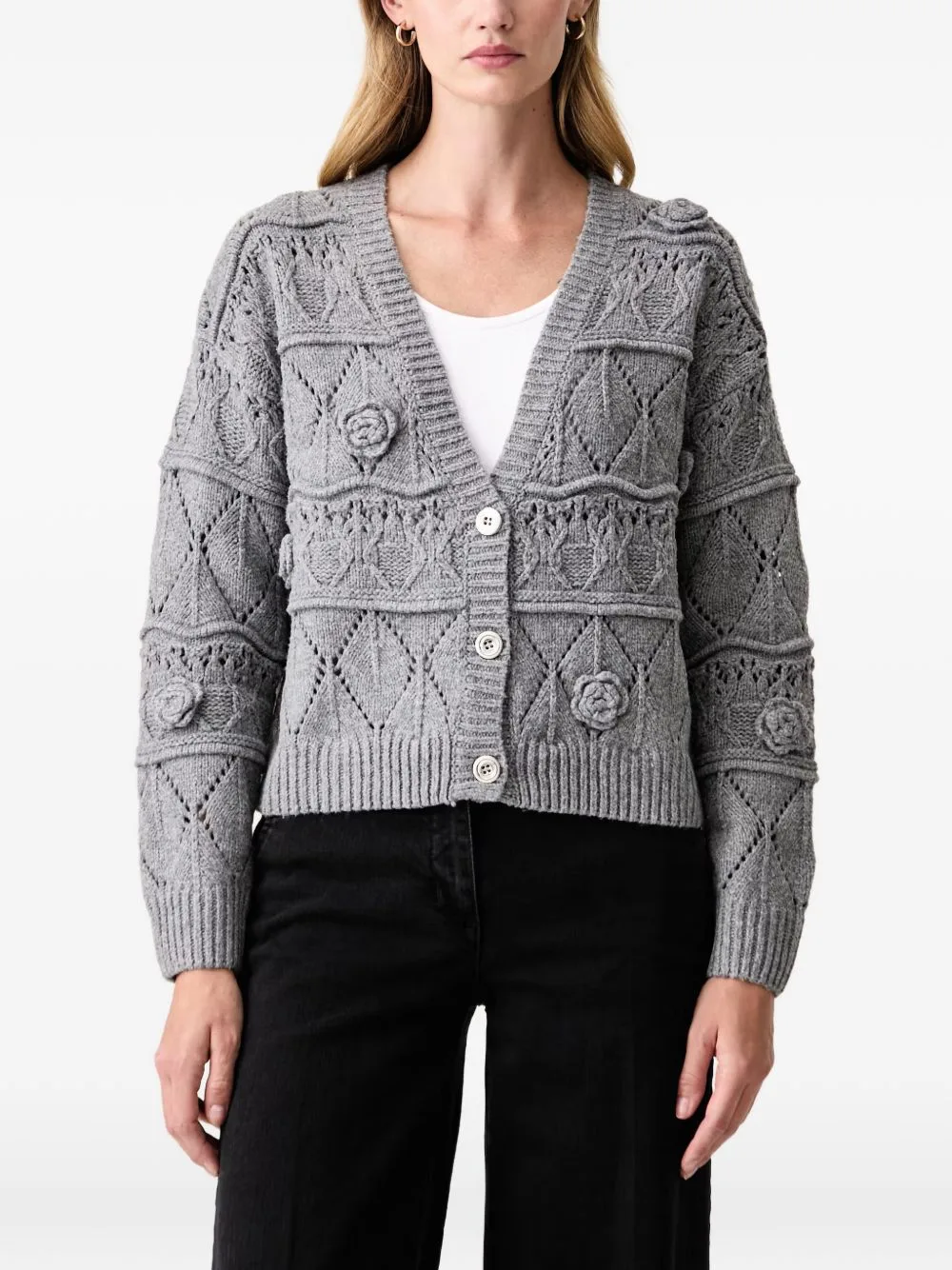 Floral-Appliqué Open-Knit Cardigan by FRACOMINA