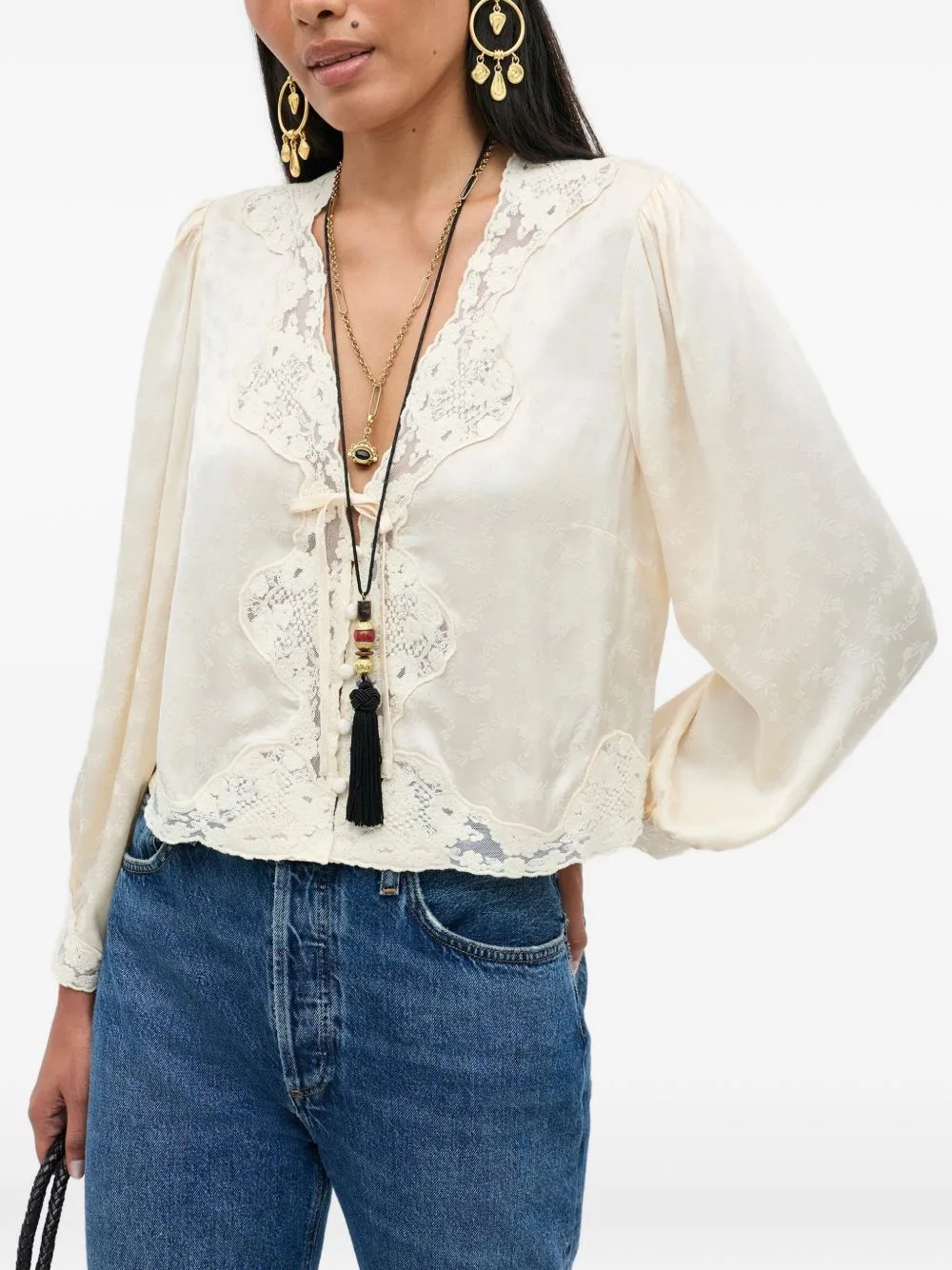 Tove Floral-Jacquard Lace-Trim Top by Rixo