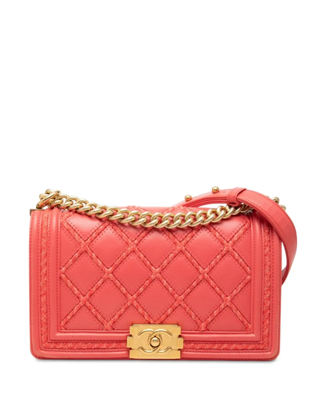 2016-2017 Old Medium Stitched Lambskin and Tweed Boy Flap Crossbody Bag by CHANEL Pre-Owned