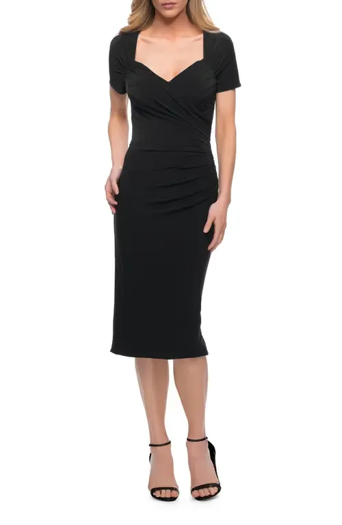 Ruched Jersey Below the Knee Dress with Short Sleeves by La Femme