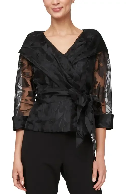 Floral Tie Belt Illusion Three-Quarter Sleeve Top by Alex Evenings