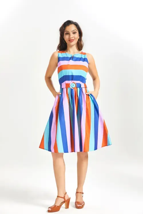 The Weekend Whirl Fit and Flare Dress in Mod Stripe by ModCloth