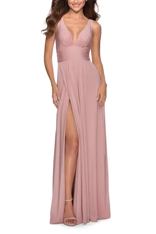 Empire Waist Gown with Deep V Neckline by La Femme