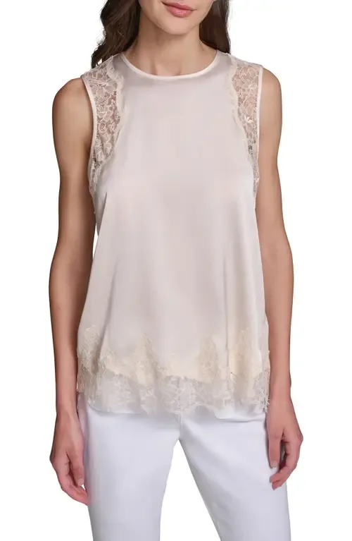 Eyelash Lace Trim Satin Tank by KARL LAGERFELD PARIS
