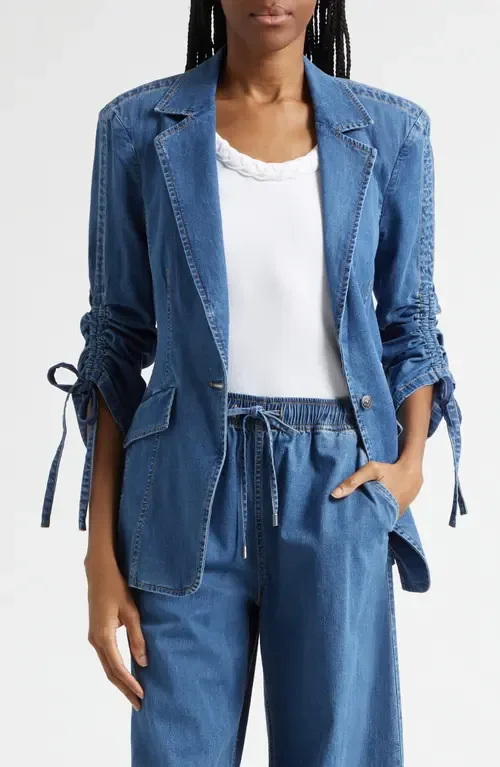 Norah Ruched Sleeve Denim Blazer by Cinq à Sept