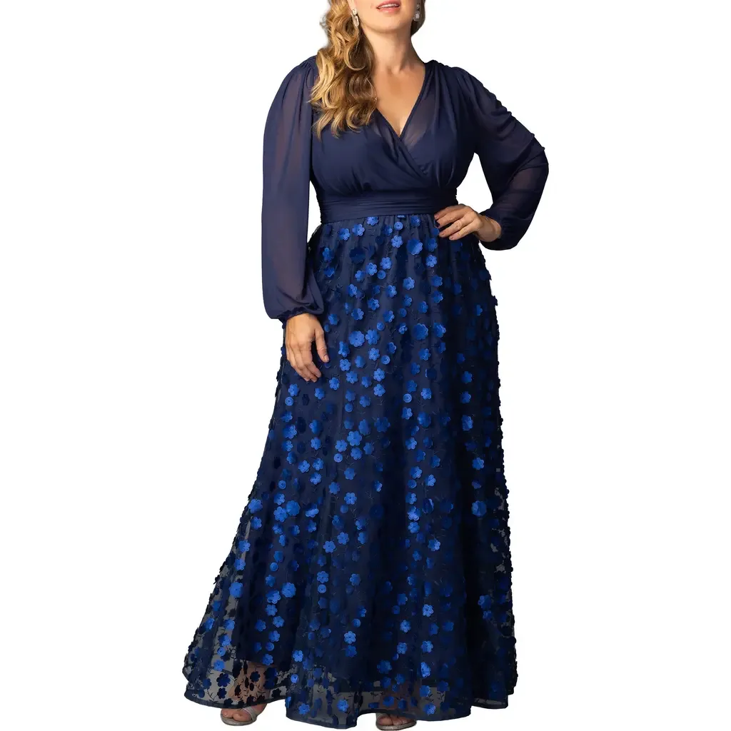Blossoming Beauty Long Sleeve Mesh Evening Gown by Kiyonna