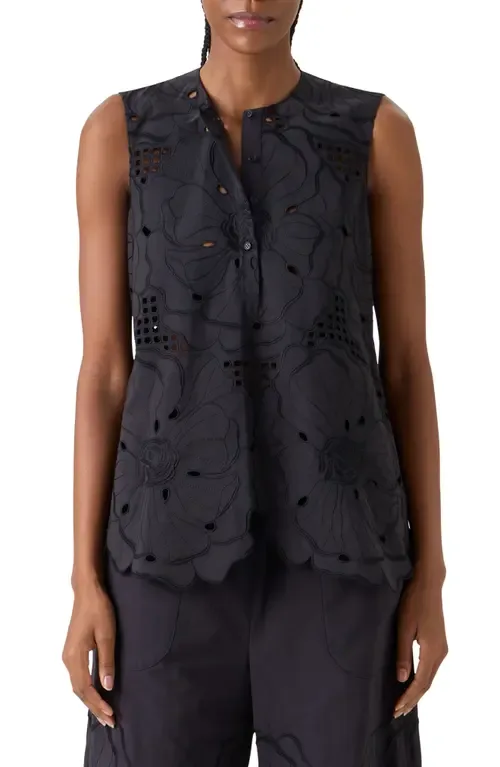 Flower Eyelet Sleeveless Cotton Poplin Top by Akris punto
