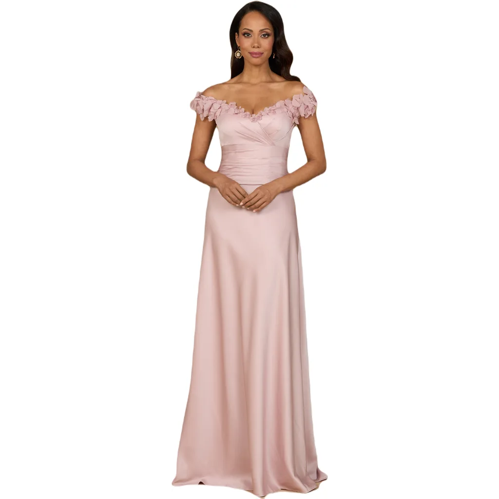 Off Shoulder Satin Gown by LARA New York