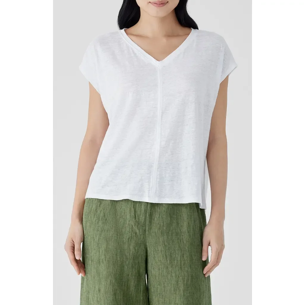 V-Neck Organic Linen T-Shirt by Eileen Fisher