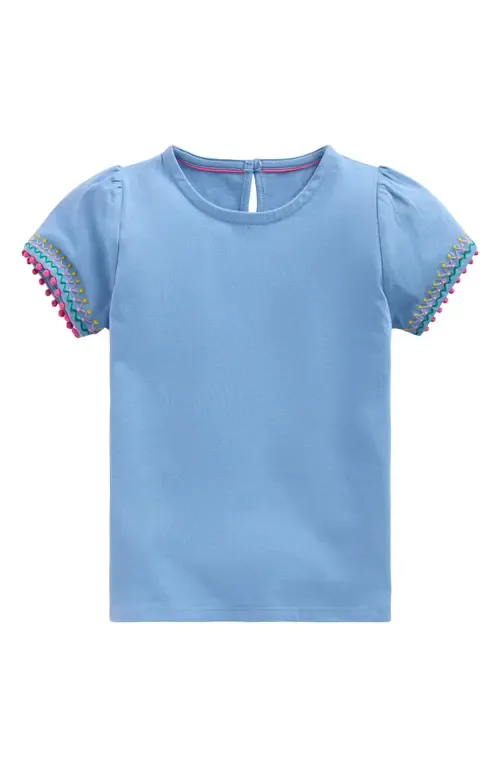 Embroidered Pom Trim Puff Sleeve Cotton T-Shirt by Mini Boden