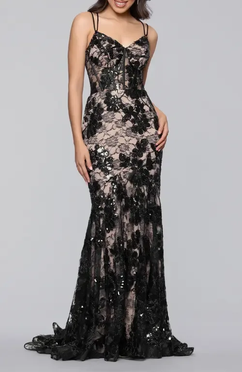 Sequin Strappy Lace Trumpet Gown by Blondie Nites