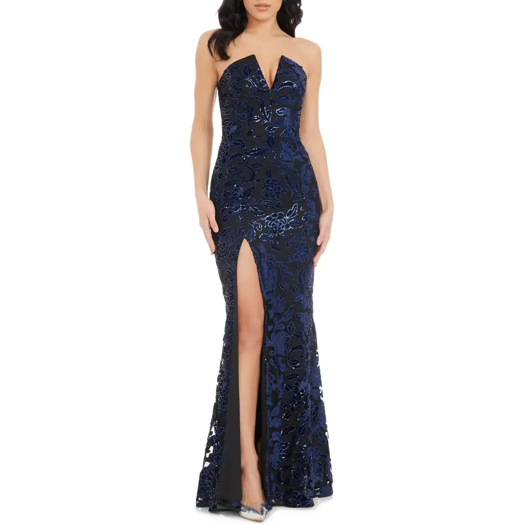 Fernanda Floral Sequin Strapless Evening Gown by Dress the Population