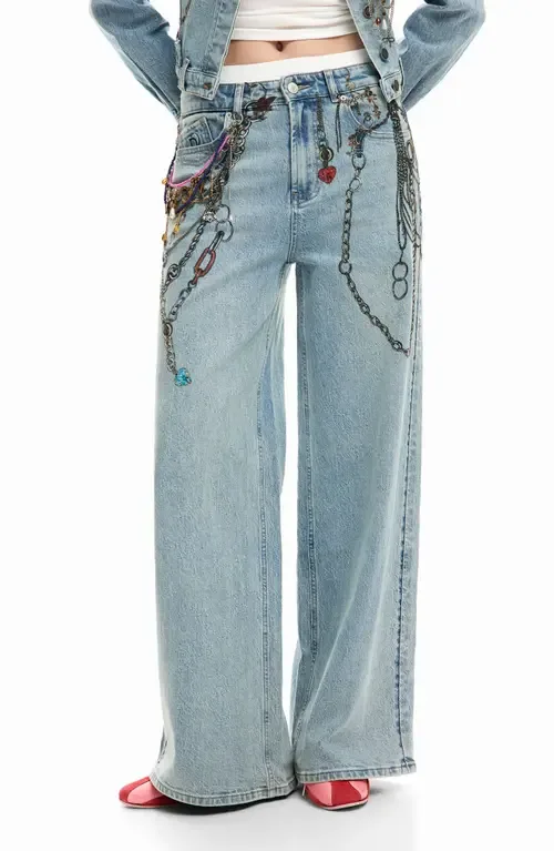 Chain Embellished Wide Leg Jeans by Desigual