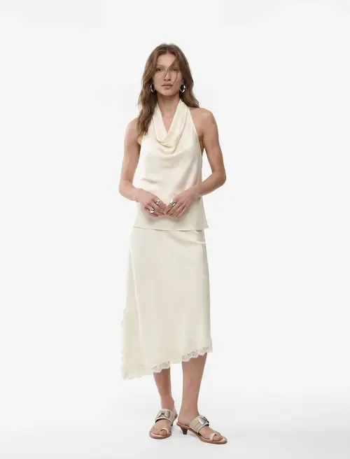 Asymmetric Lace Trim Satin Skirt by Koton