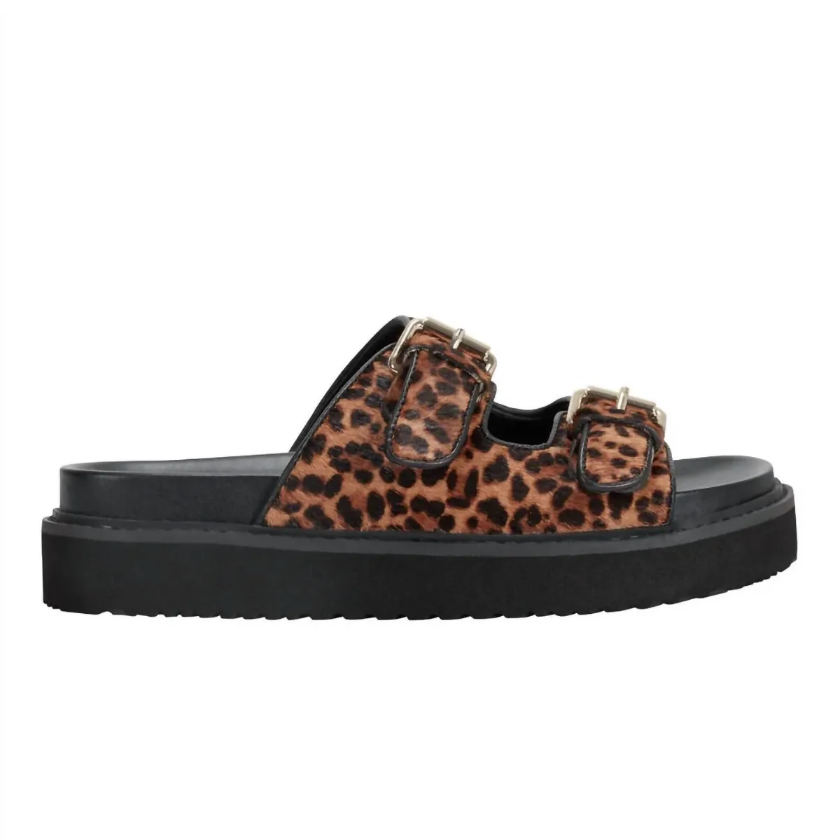 Agustaly Calf Hair Dual-Buckle Slide Sandals in Leopard