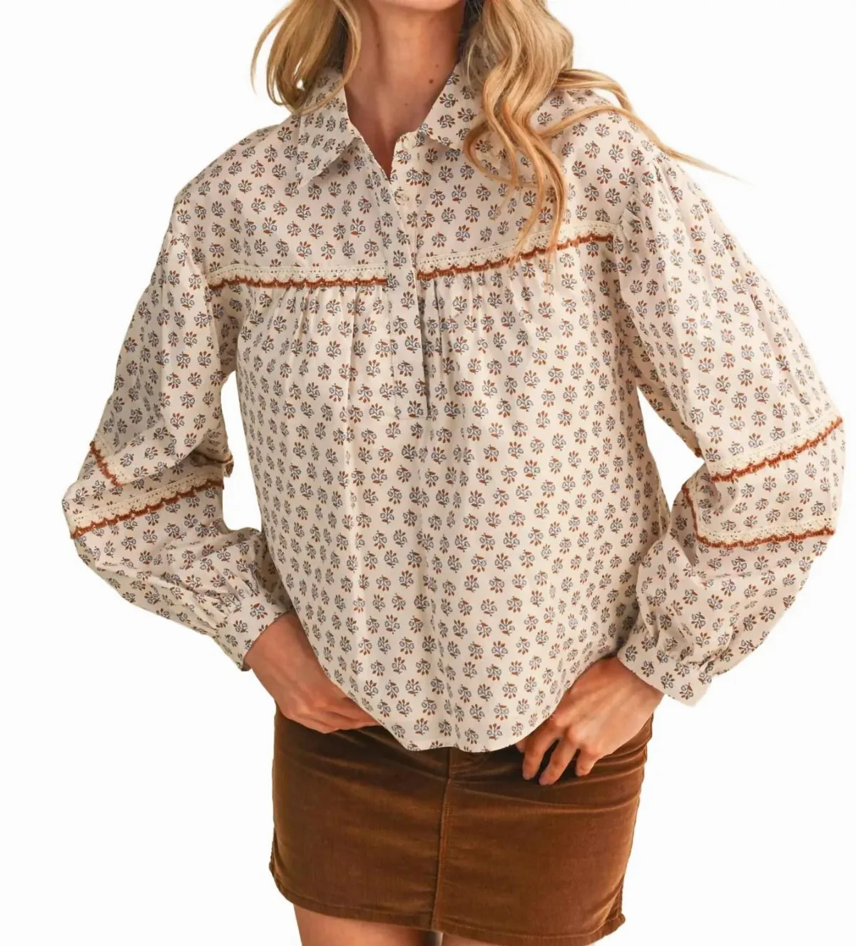 Floral Lace Trim Button Up Top by merci