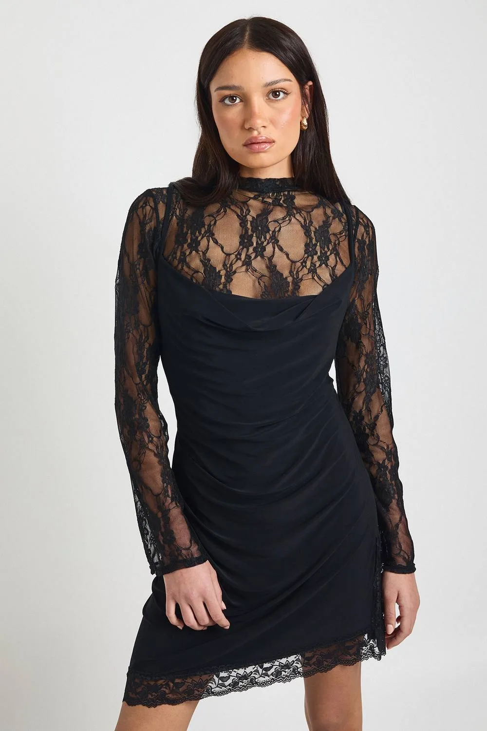 Lace High Neck Flare Sleeve Dress with Slinky Cowl Cami by boohoo