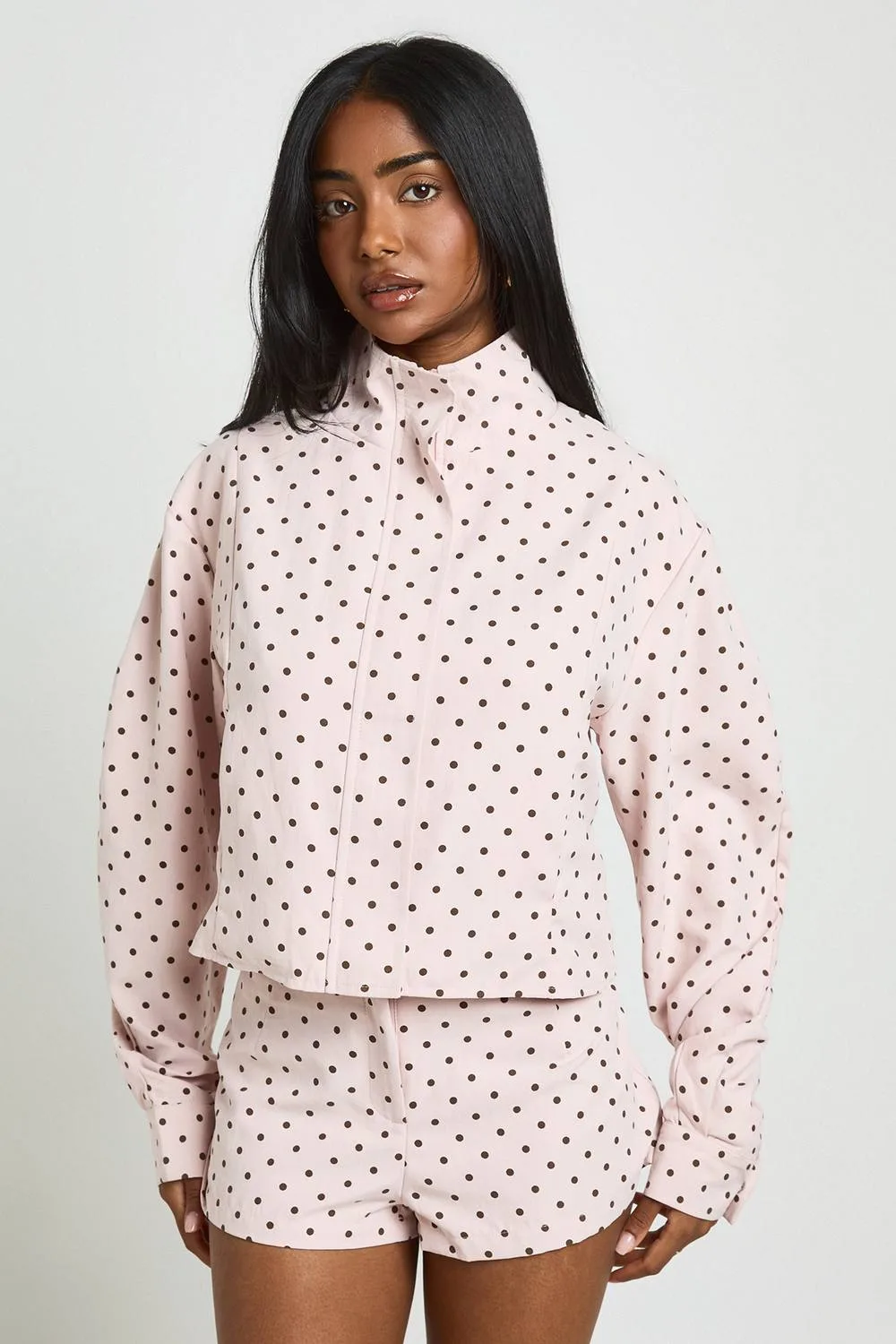 Funnel Neck Balloon Sleeve Zip Through Polka Dot Top by boohoo