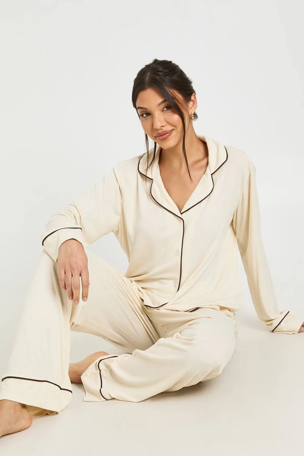 Soft Rib Piping Detail Long Sleeve Shirt & Trouser Pyjama Set by boohoo
