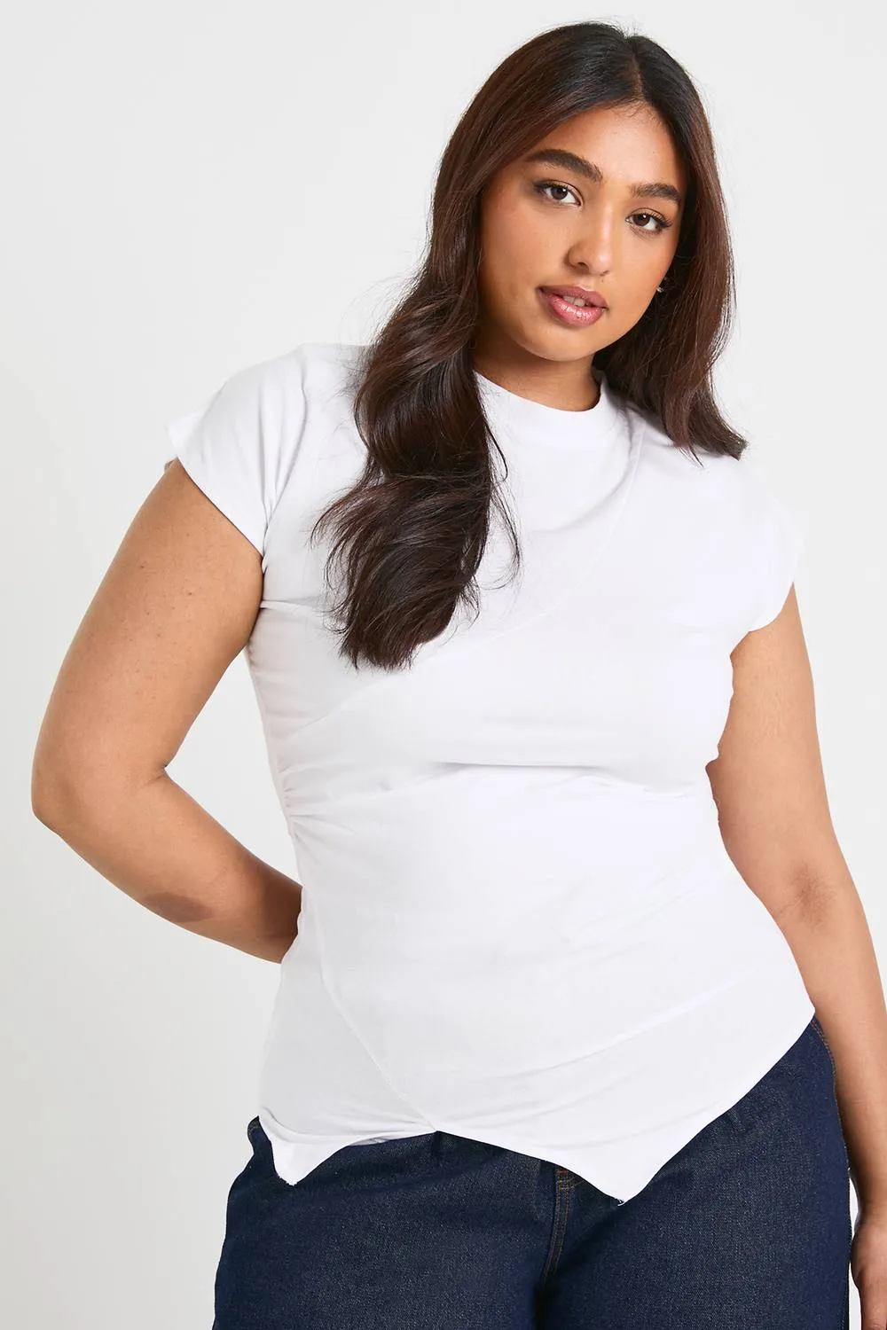 Ruched Side V Hem Cap Sleeve Top by boohoo