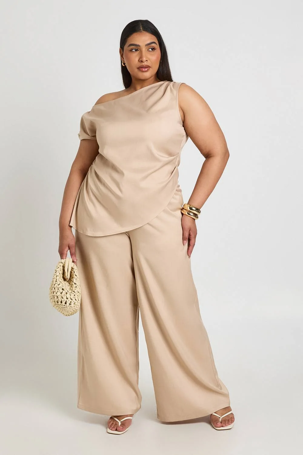 Woven Elasticated Wide Leg Trouser - Stone