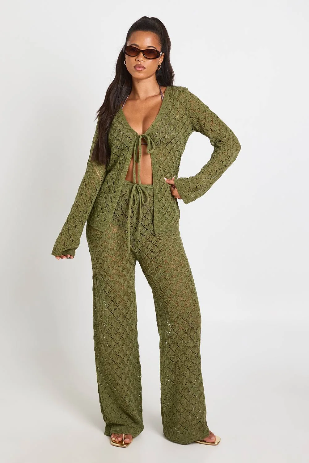 Crochet Knit Tie Front Cardigan & Wide Leg Trouser Co-Ord by boohoo