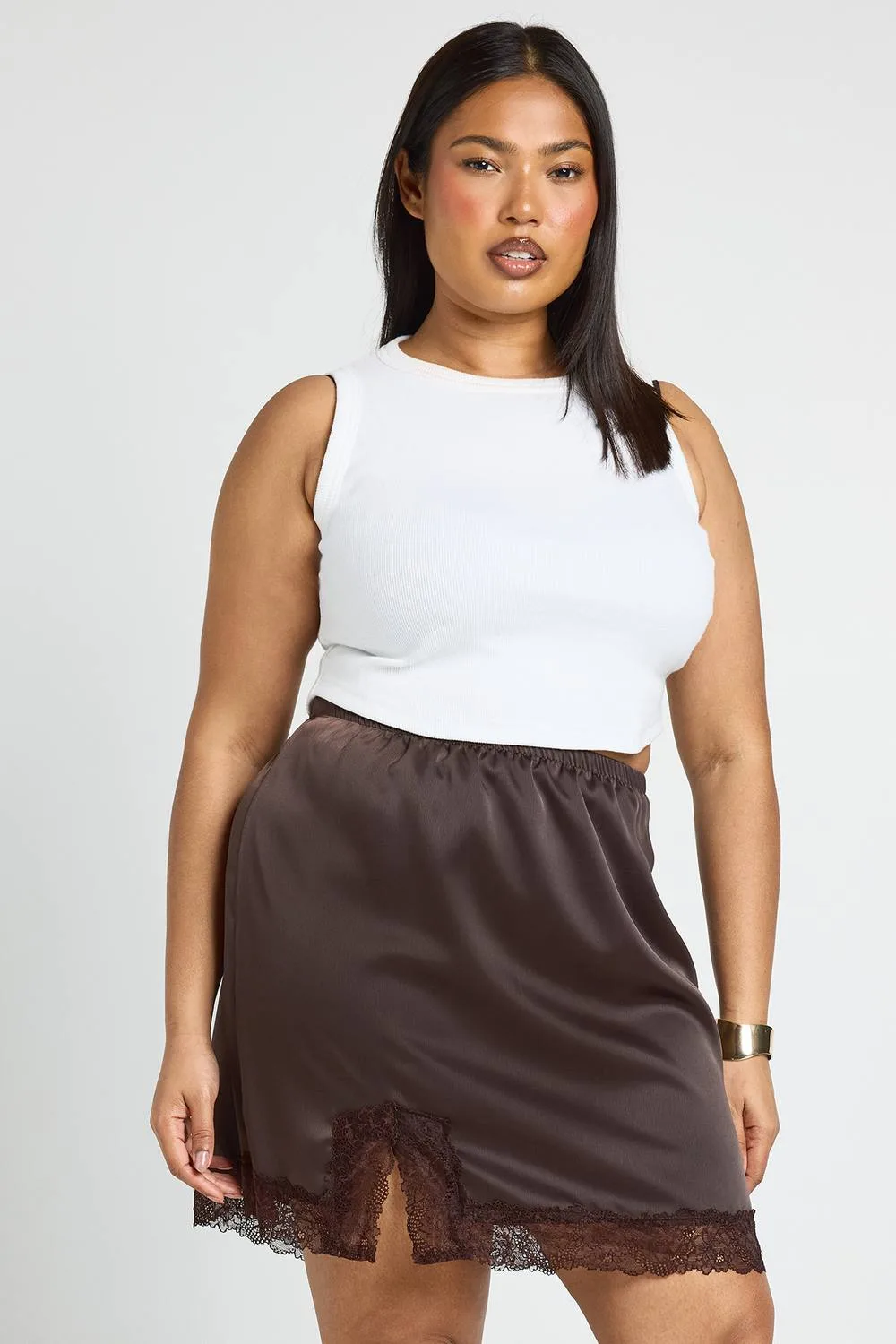 Satin Lace Trim Mini Skirt by boohoo