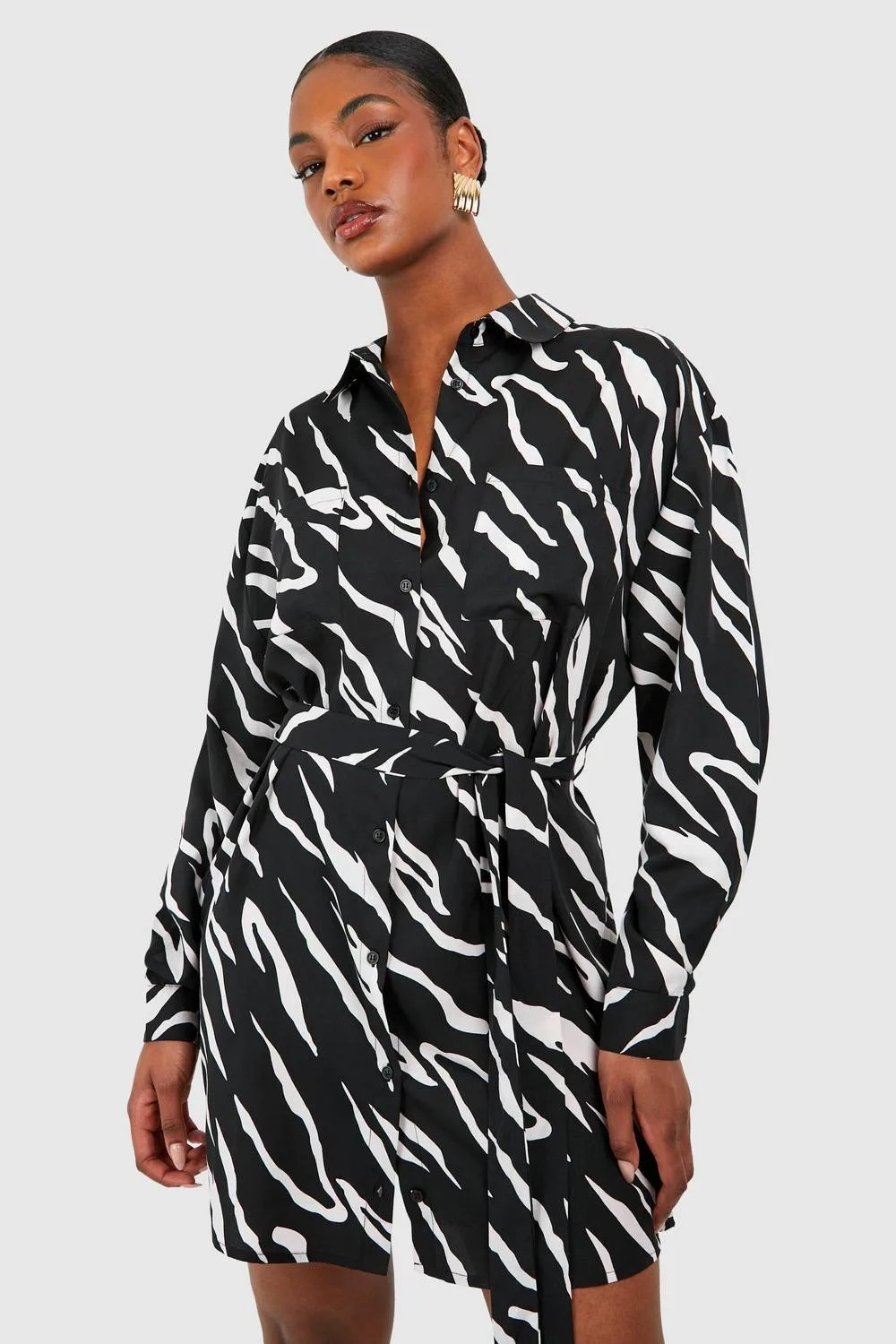 Woven Zebra Belted Shirt Dress by boohoo