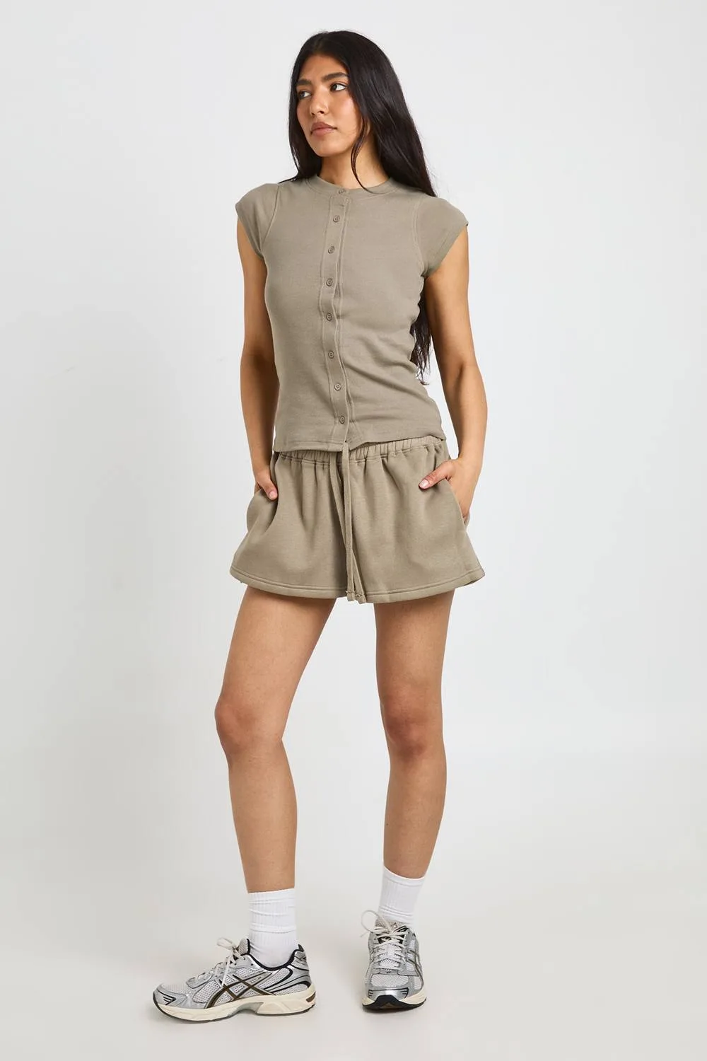 Ribbed Button Through Cap Sleeve Top & Short Tracksuit by boohoo