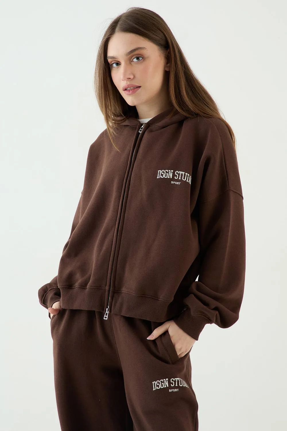 Collegiate Printed Zip Through Boxy Hoodie by DSGN Studio