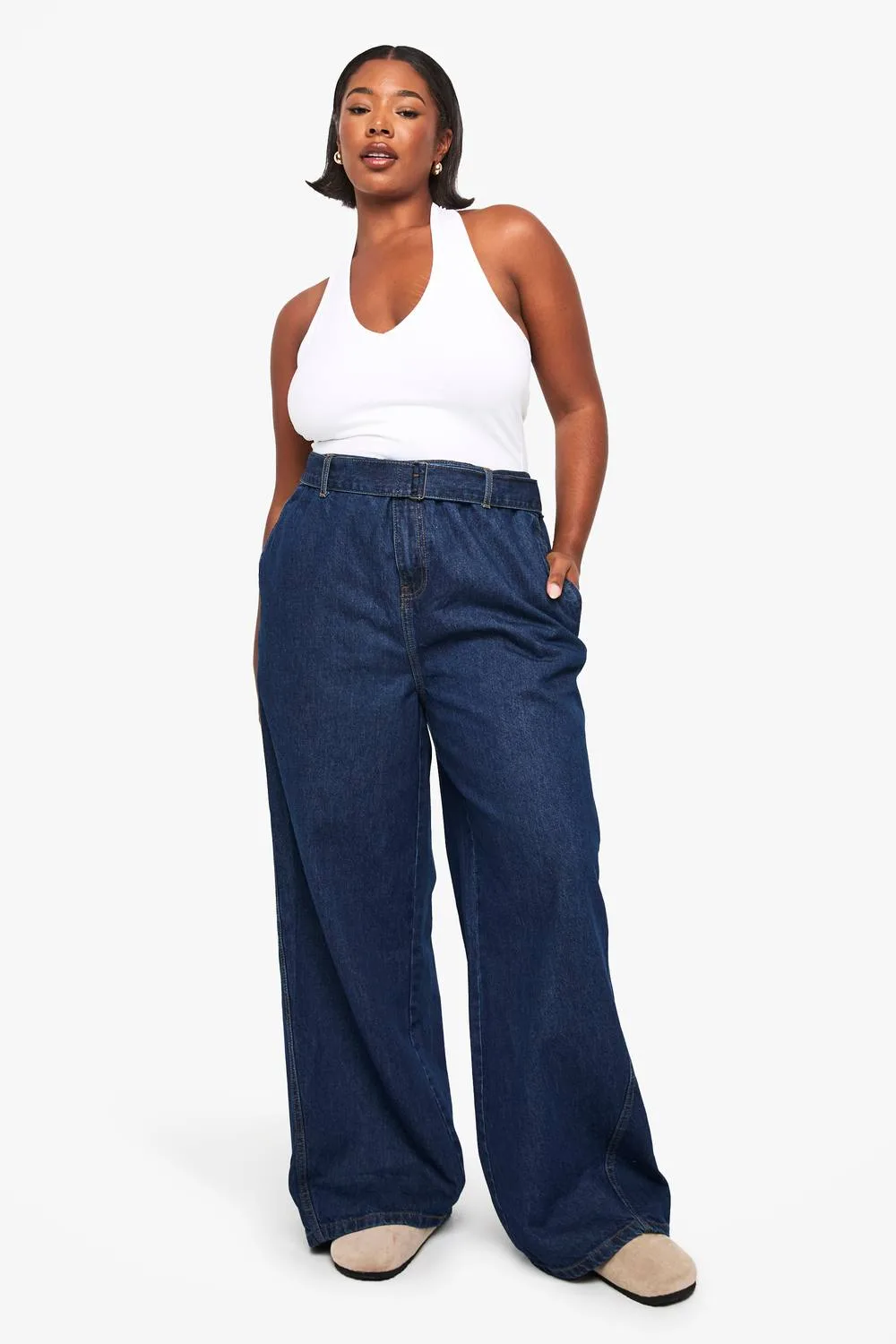 Buckle Belt Elasticated Back Wide Leg Denim Jean