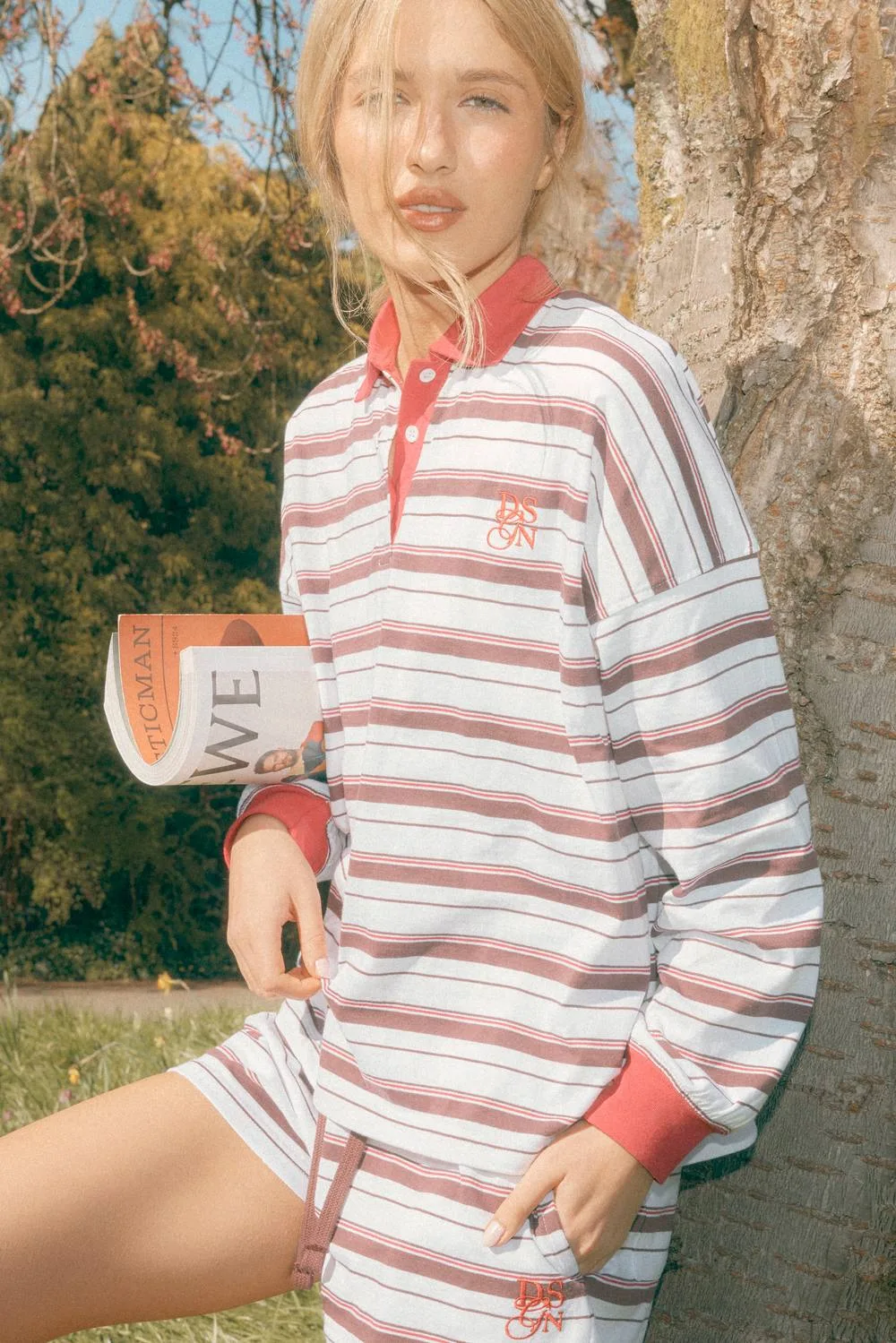 Stripe Contrast Oversized Collared Long Sleeve Rugby Top by DSGN Studio
