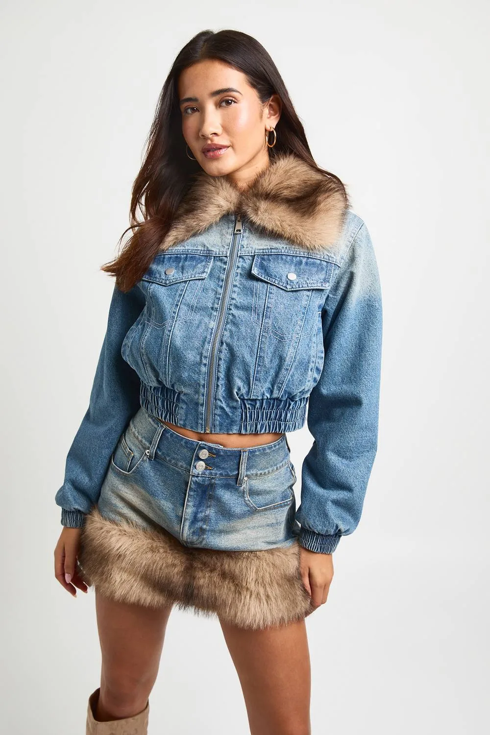 Faux Fur Trim Denim Bomber Jacket by boohoo