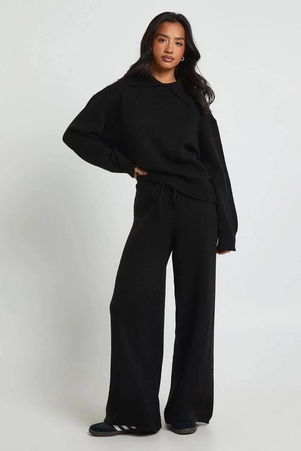 Chunky Knit Collar Detail Oversized Jumper & Wide Leg Trouser Co-Ord by boohoo