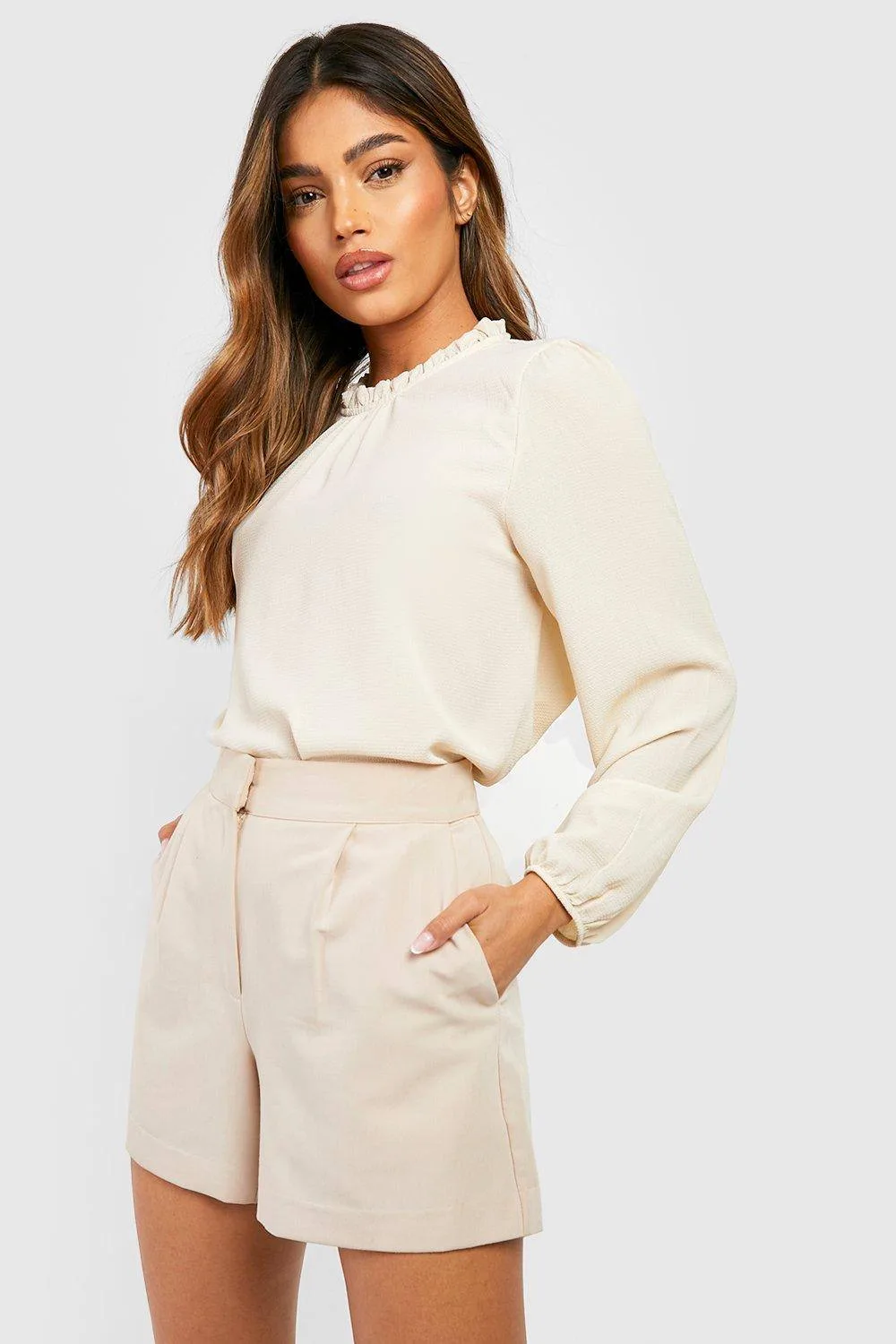 Frill Neck Long Sleeve Woven Blouse by boohoo