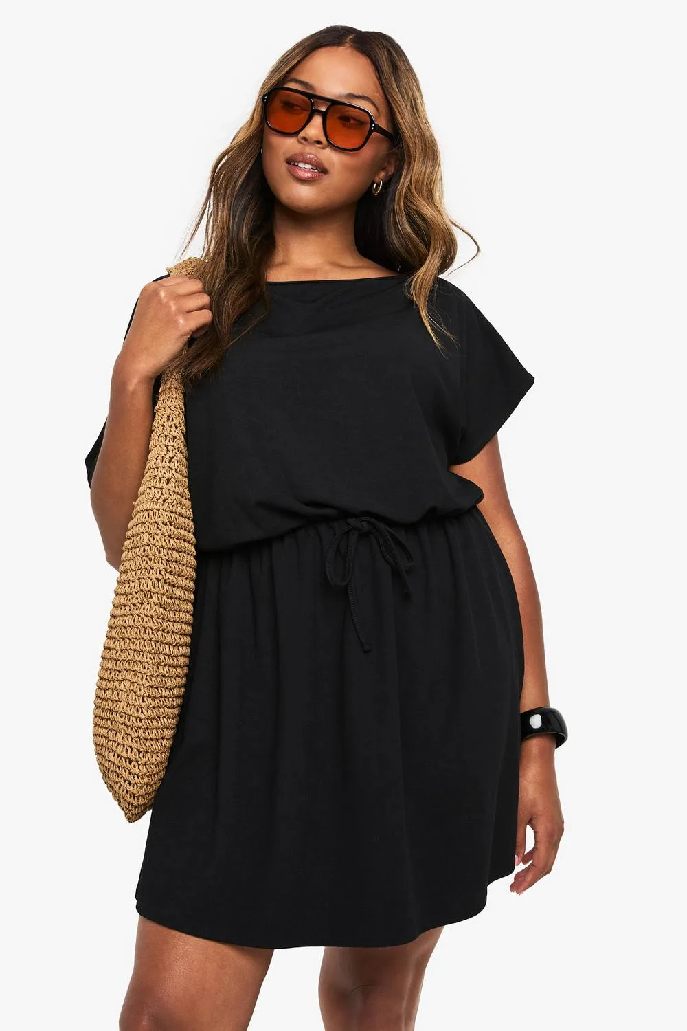 Rib Off-Shoulder Tie Waist Mini Dress by boohoo